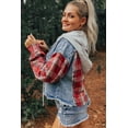 thumbnail image 3 of Women's Beau Blue Plaid Patchwork Hooded Denim Jacket, 3 of 12