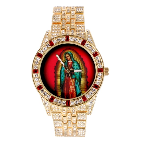 Charles Raymond The Virgin of Guadalupe Blessed Dial - Mens Hip Hop Metal Blinged Out Iced Out Wristwatch - Blood Red Baguettes and Clear Rhinestones on Trim - ST10226 BGS Single (Gold ST10361B)