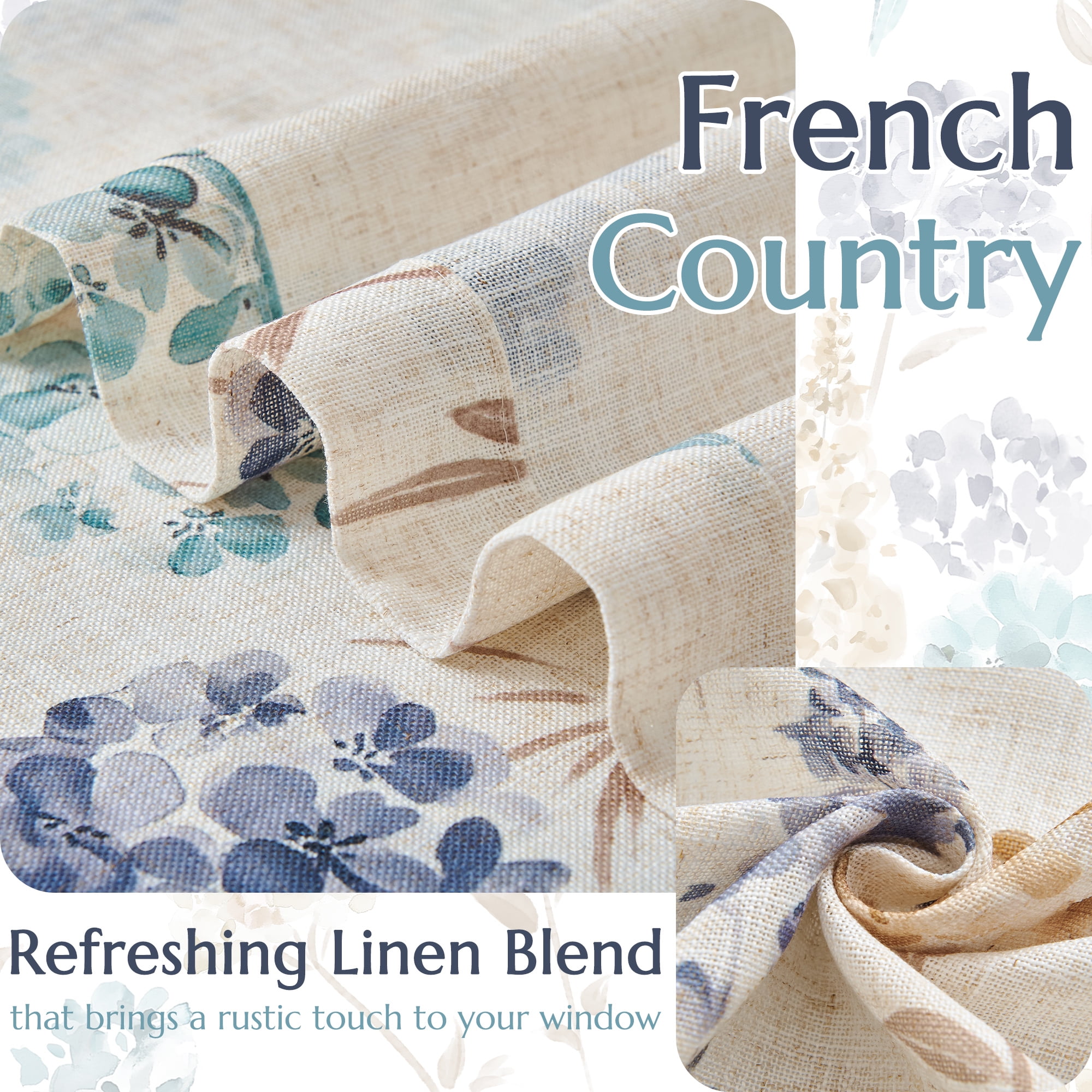 CURTAINKING Farmhouse Linen Curtains for Living Room Bedroom Floral Patterned Light Filtering Linen Blend Curtain Burlap Effect Drape Window Treatments 2 Panels Green Dark Blue and Tan