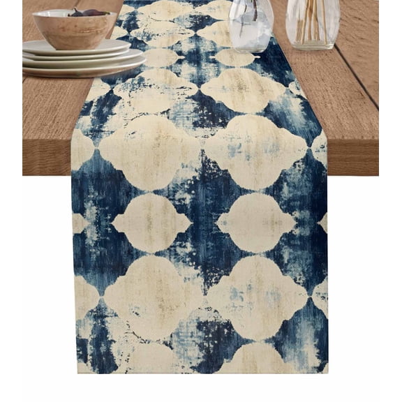 ERUNPONLY Blue Ethnic Table Runner - 36 Inch Long Vintage Shabby Abstract Chic Geometric Art Cotton and Linen Blended Dress Scarves Farmhouse Table Runner for Kitchen Dining, Coffee Table, 13" x 36"