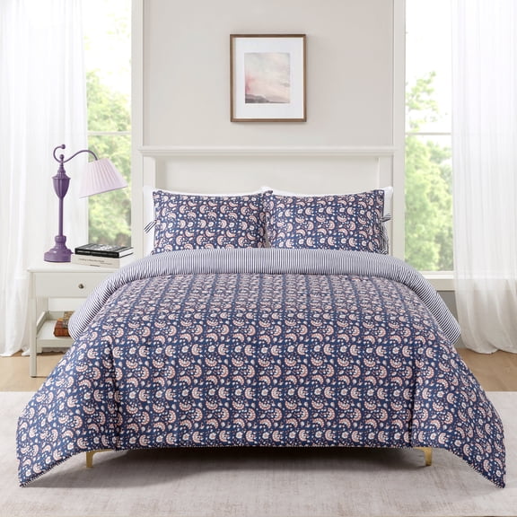 Mainstays King Comforter Set, All-Season Reversible, 3-Piece, Jacobean Floral Blue