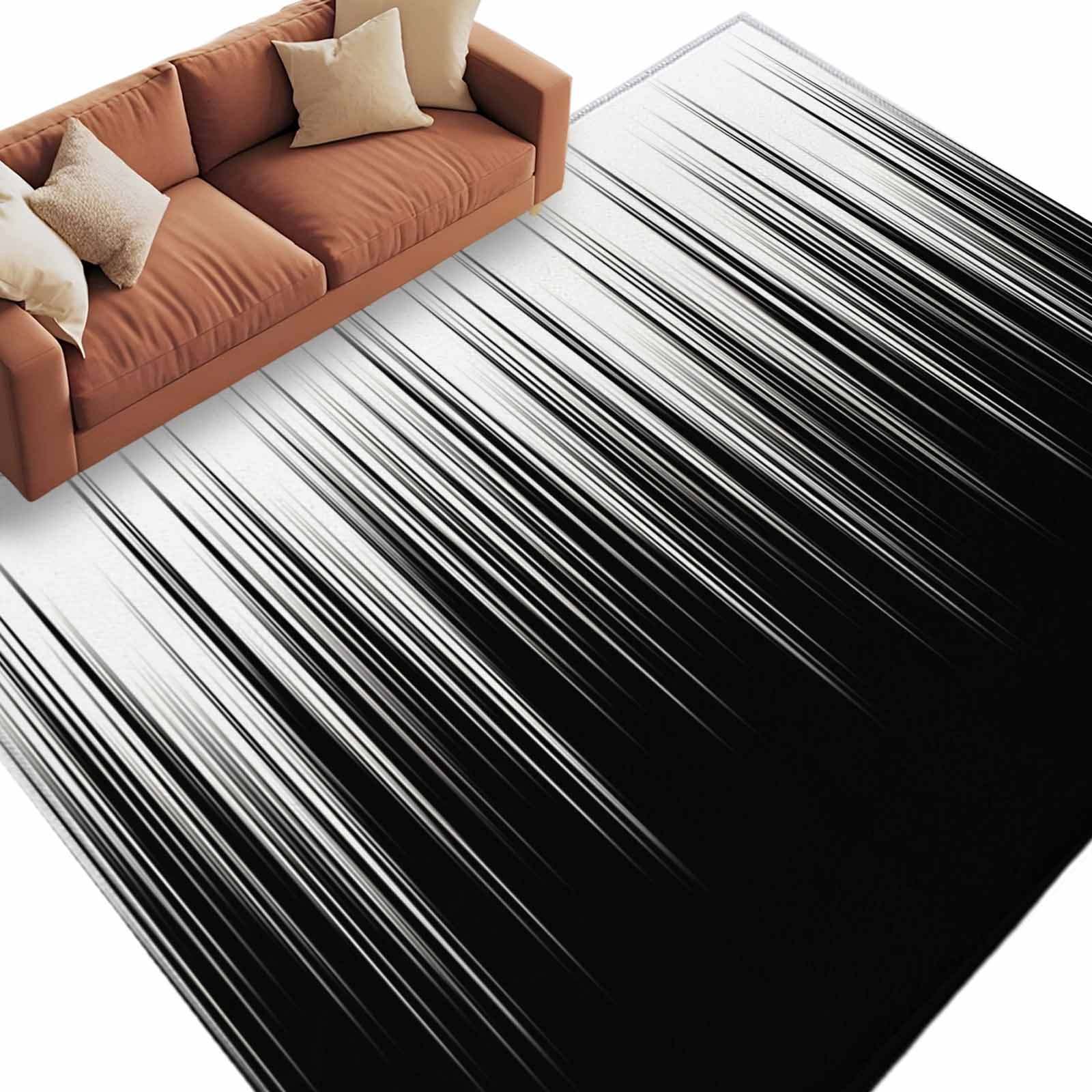 Rectangle Area Rugs 6 x 9 Ft, Black White Non-Slip Residential Carpet, Modern Geometric Abstract Gradient Striped Indoor Crawling Mats Runner Rugs for Living Room/Dining Room/Bedroom
