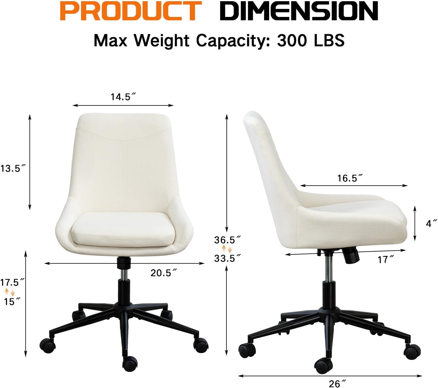 Breathable Linen Fabric Home Office Chair, Comfortable Armless Task Chair Swivel Rolling Adjustable Height Home Office