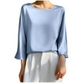 thumbnail image 3 of CFLVAEK Satin Shirts for Women Casual 3/4 Sleeve Shirt Comfy Round Neck Blouses Solid Color Dressy Casual Shirt Spring Summer Going Out Tops Light Blue XXL, 3 of 4