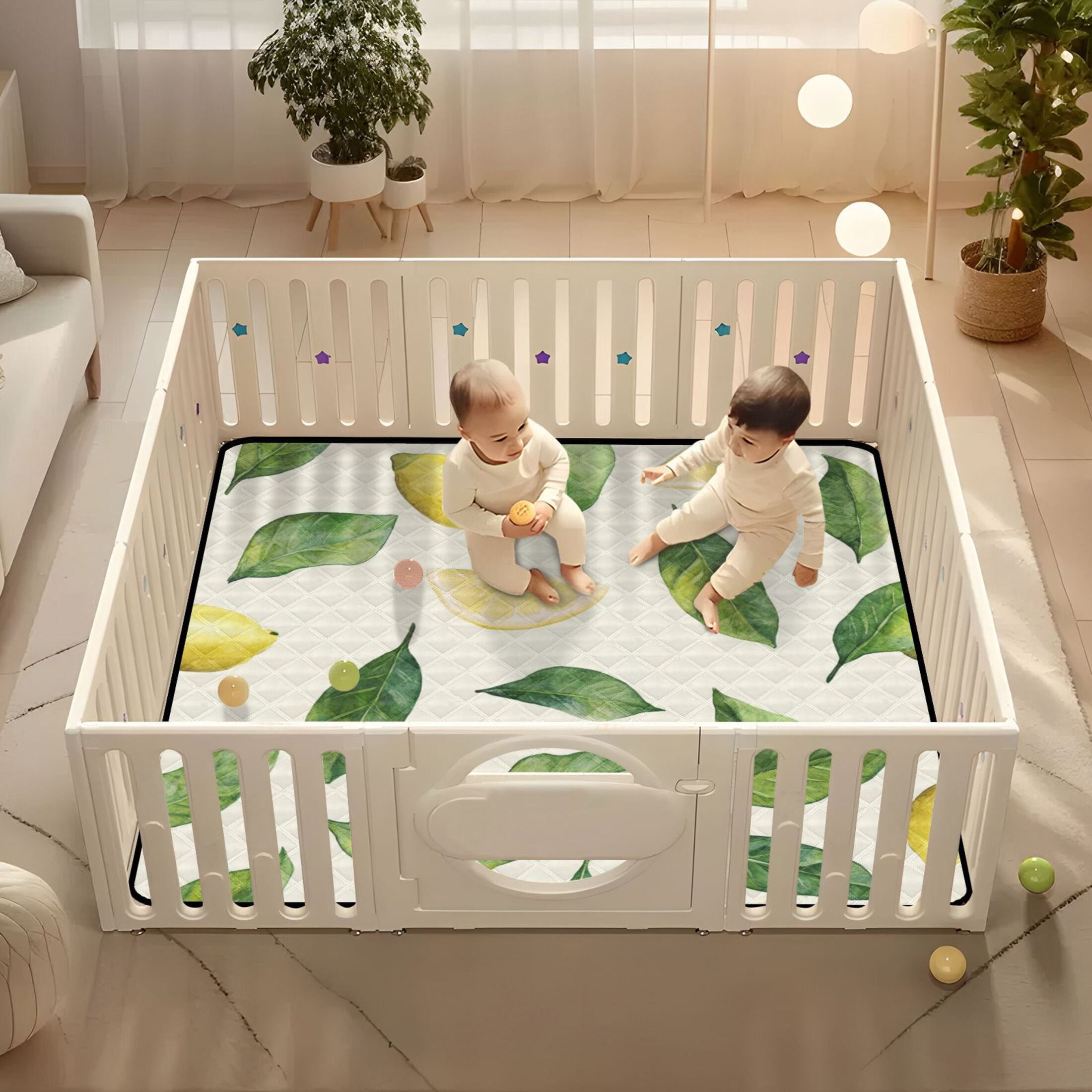 WOBOGO Lemon Leaf Baby Playmats Extra Large Waterproof Rollable Activity Pads for Toddlers 50×50inch