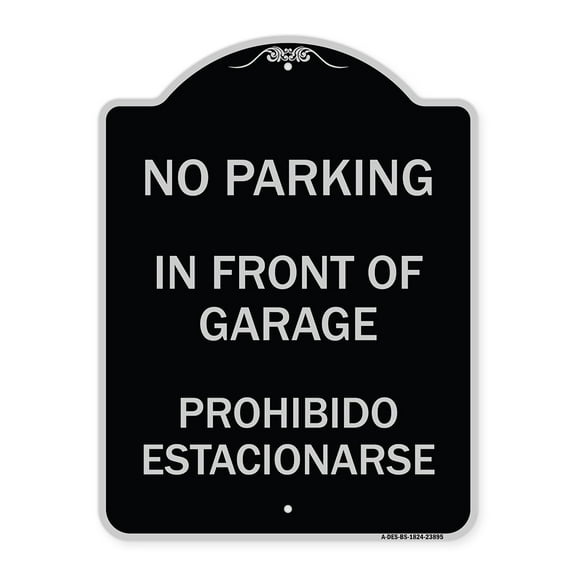 SignMission Designer Series Sign - In Front of Garage Prohibido Estacionarse | Black & Silver 18" x 24" Heavy-Gauge Aluminum Architectural Sign | Made in the USA