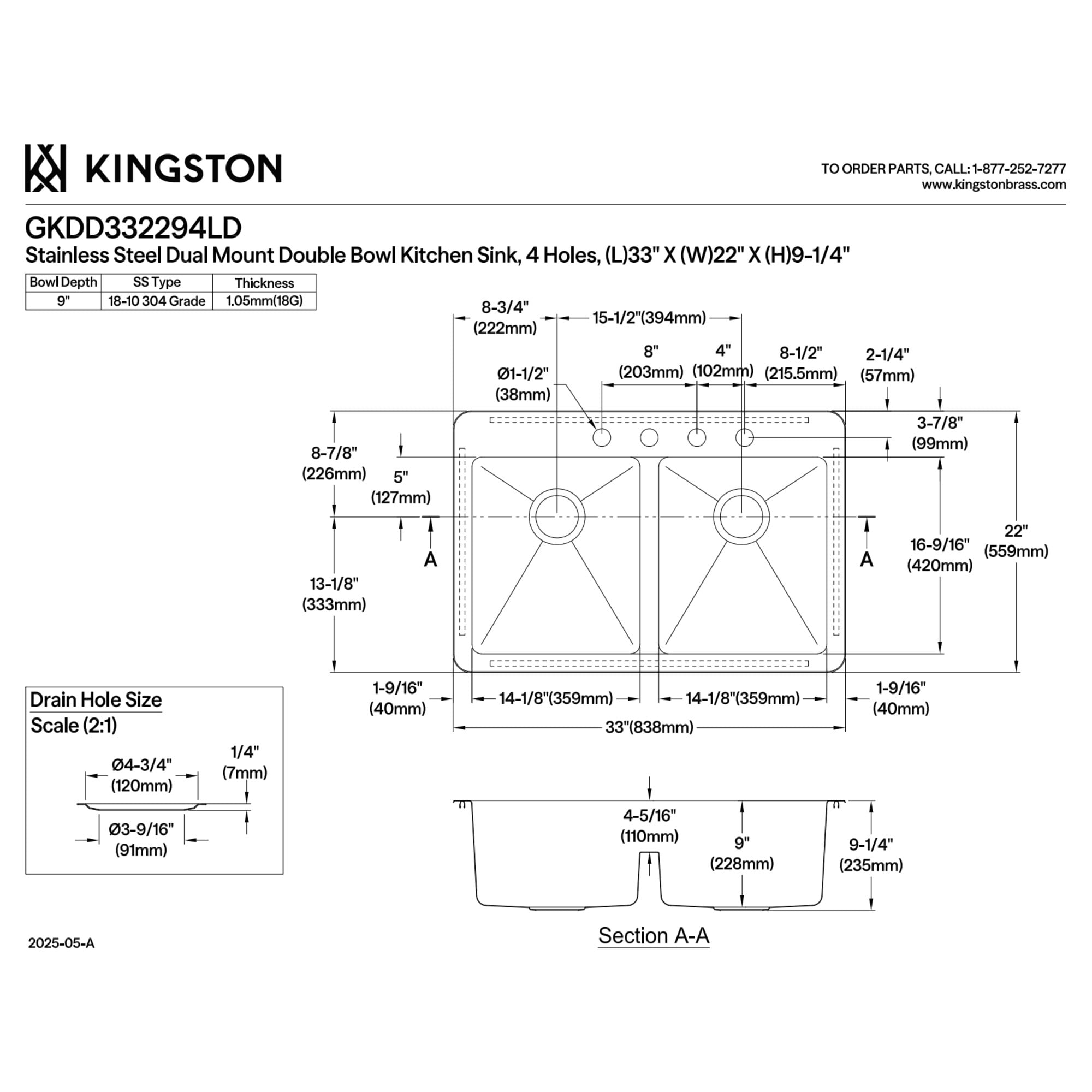 Kingston Brass GKDD332294LD Quebec 33-Inch Stainless Steel Double Bowl Dual Mount Kitchen Sink with Drain in Brushed