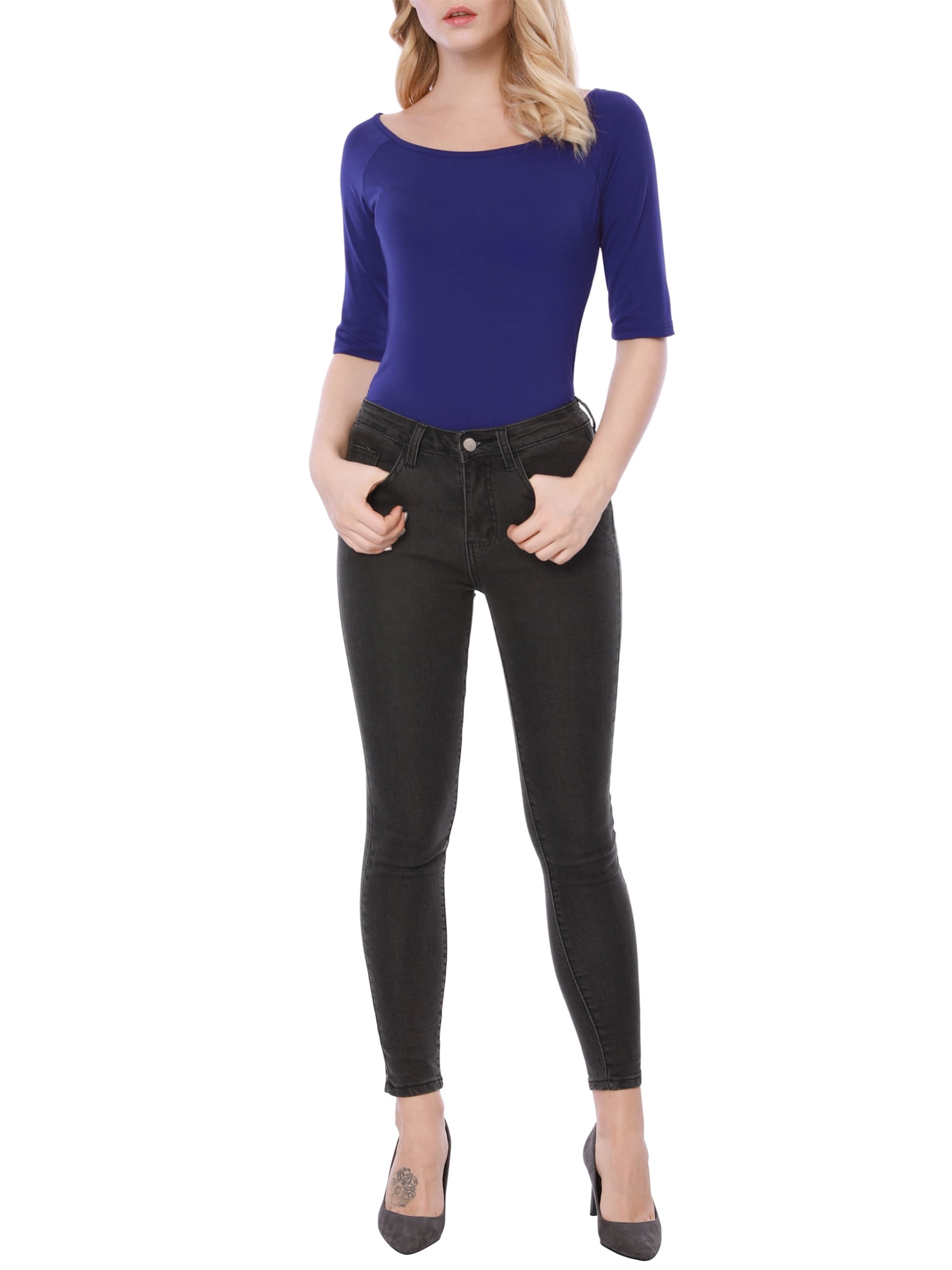 DARING DIVA Women's Slim Fit Pullover Boat Neck Stretchable T-Shirt M Blue