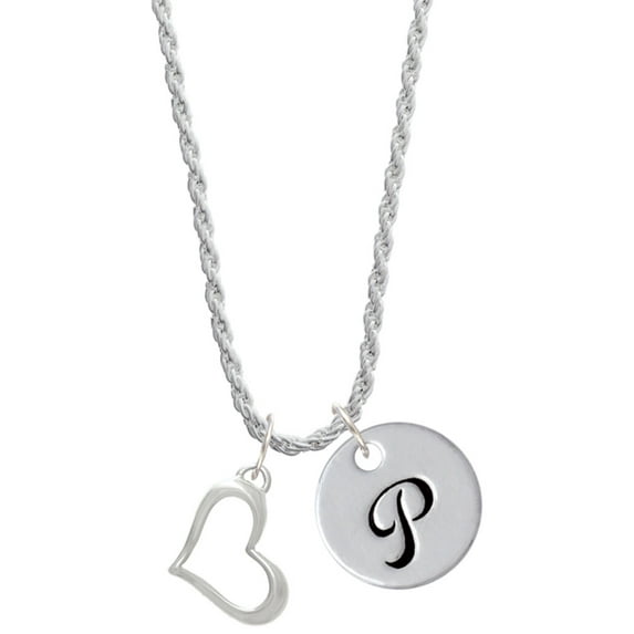 Delight Jewelry Silvertone Slanted Open Heart Silvertone Script Initial Disc - P - Charm Necklace, 20"+3"