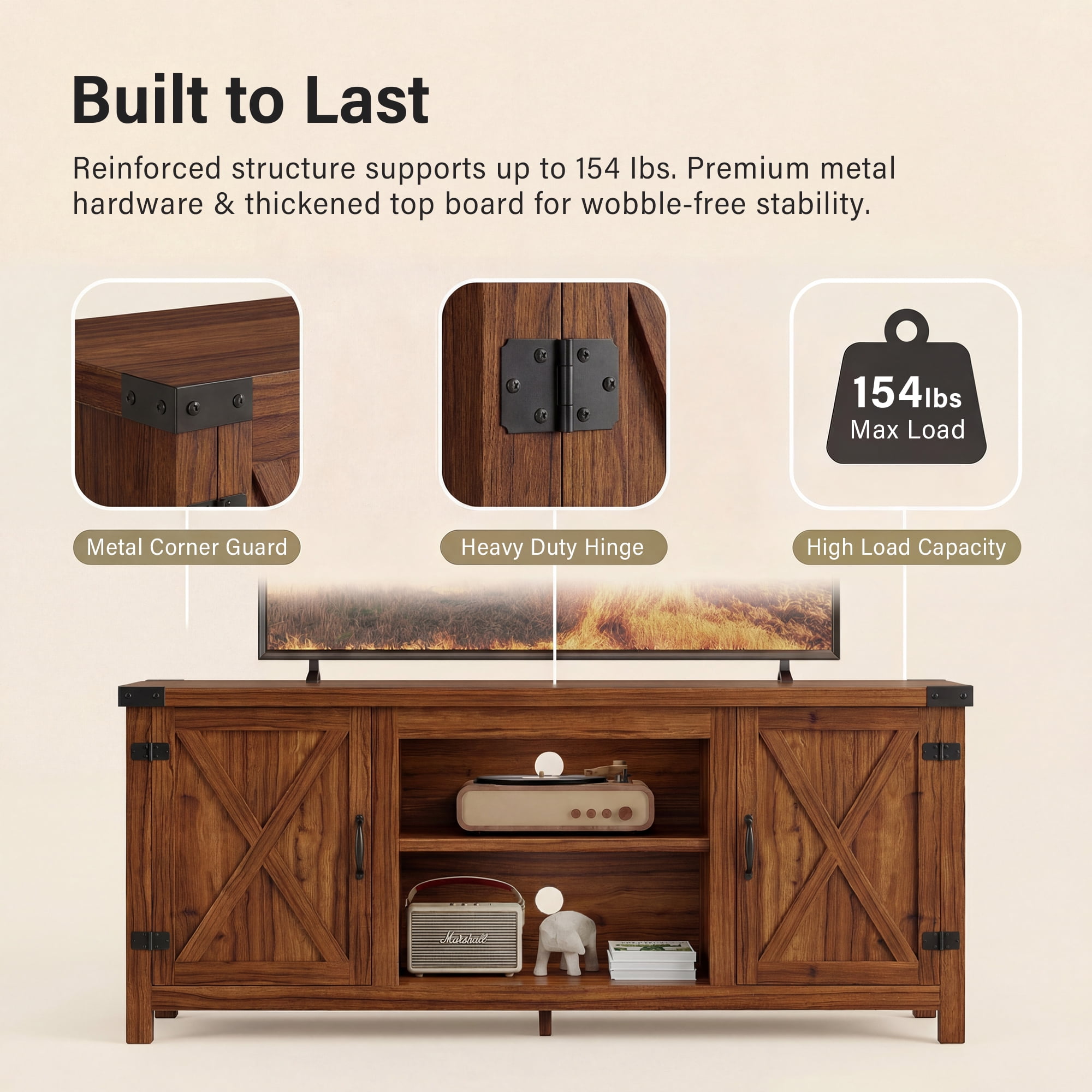 Vineego TV Stand for 65 Inch TVs, Farmhouse Storage Cabinet with Sliding Doors and Cord Management, Rustic Brown