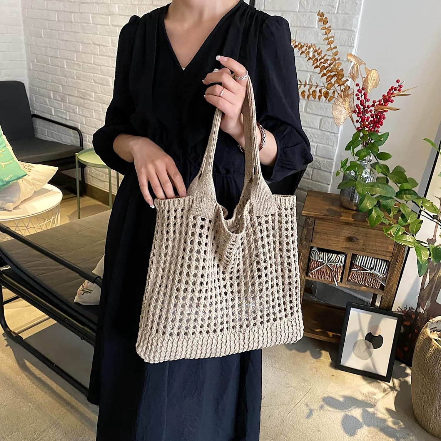 Kukuzhu Crochet Beach Bags for Women, Woven Travel Tote Fishing Net Handbag Shopping Large Hobo Shoulder Bag for for Holiday
