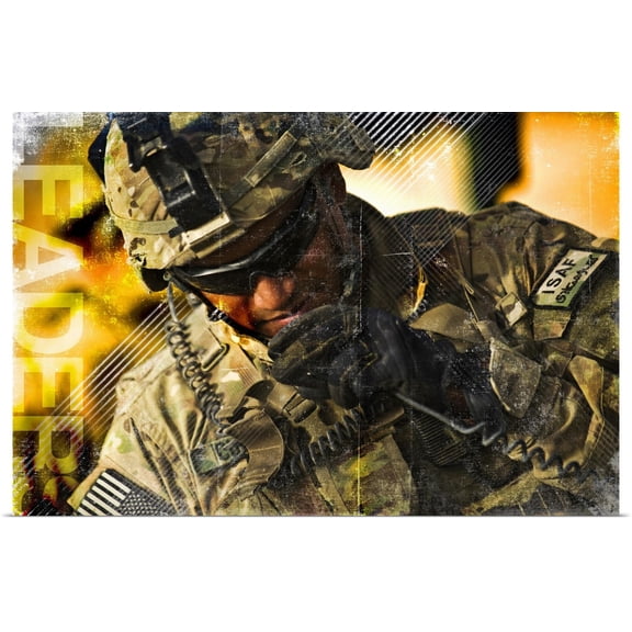 Great BIG Canvas | Rolled Kate Lillyson Poster Print entitled Military Grunge Poster: Leaders. U.S. Army soldier communicates to his crew on his