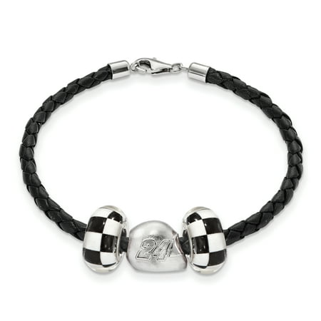 Sterling Silver Antiqued LogoArt NASCAR #24 William Byron Glass Leather Bracelet