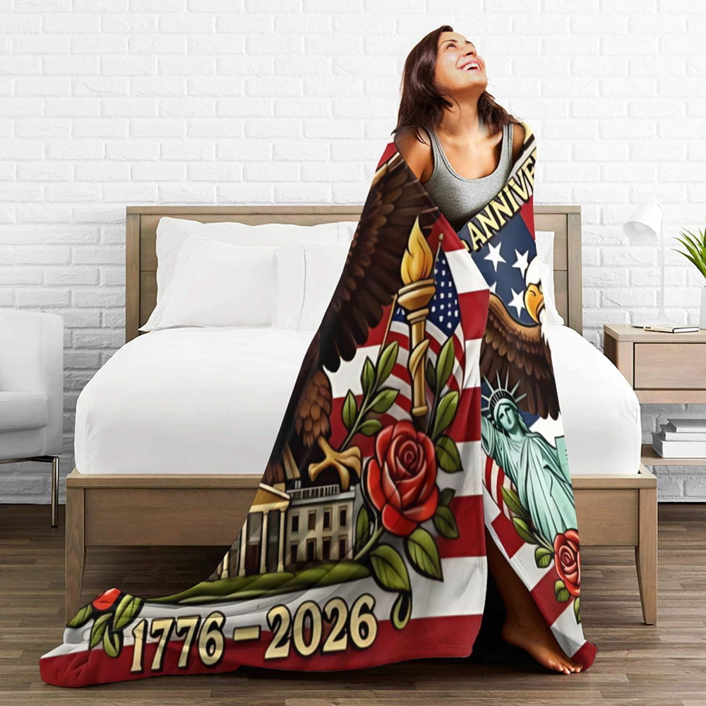 1776-2026 Patriotic Flannel Throw Blanket, America 250th Anniversary Eagle & Landmark Print for Gifting