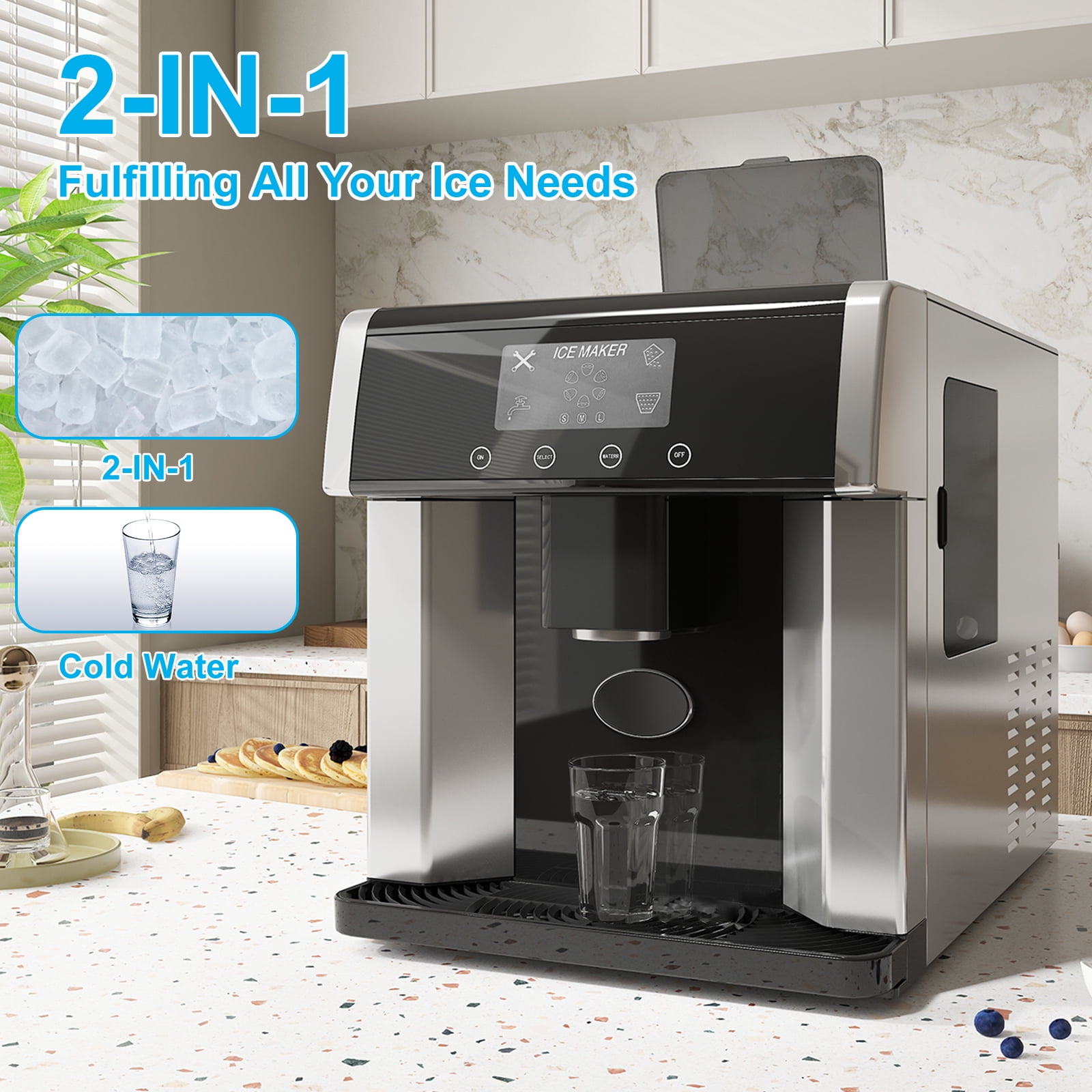 TABU 33Lbs/24H Countertop Ice Maker Machine,2 in 1 Ice Maker with Water Dispenser,Stainless Steel,Black