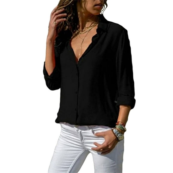 Women Lapel Button Down Chiffon Shirts Solid Color Office Blouse Casual Long Sleeve Tops Black L