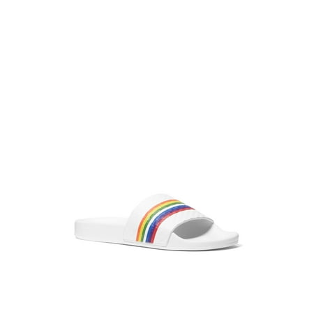 

MICHAEL KORS Womens White Striped Logo Gilmore Round Toe Platform Slip On Leather Slide Sandals 9 M
