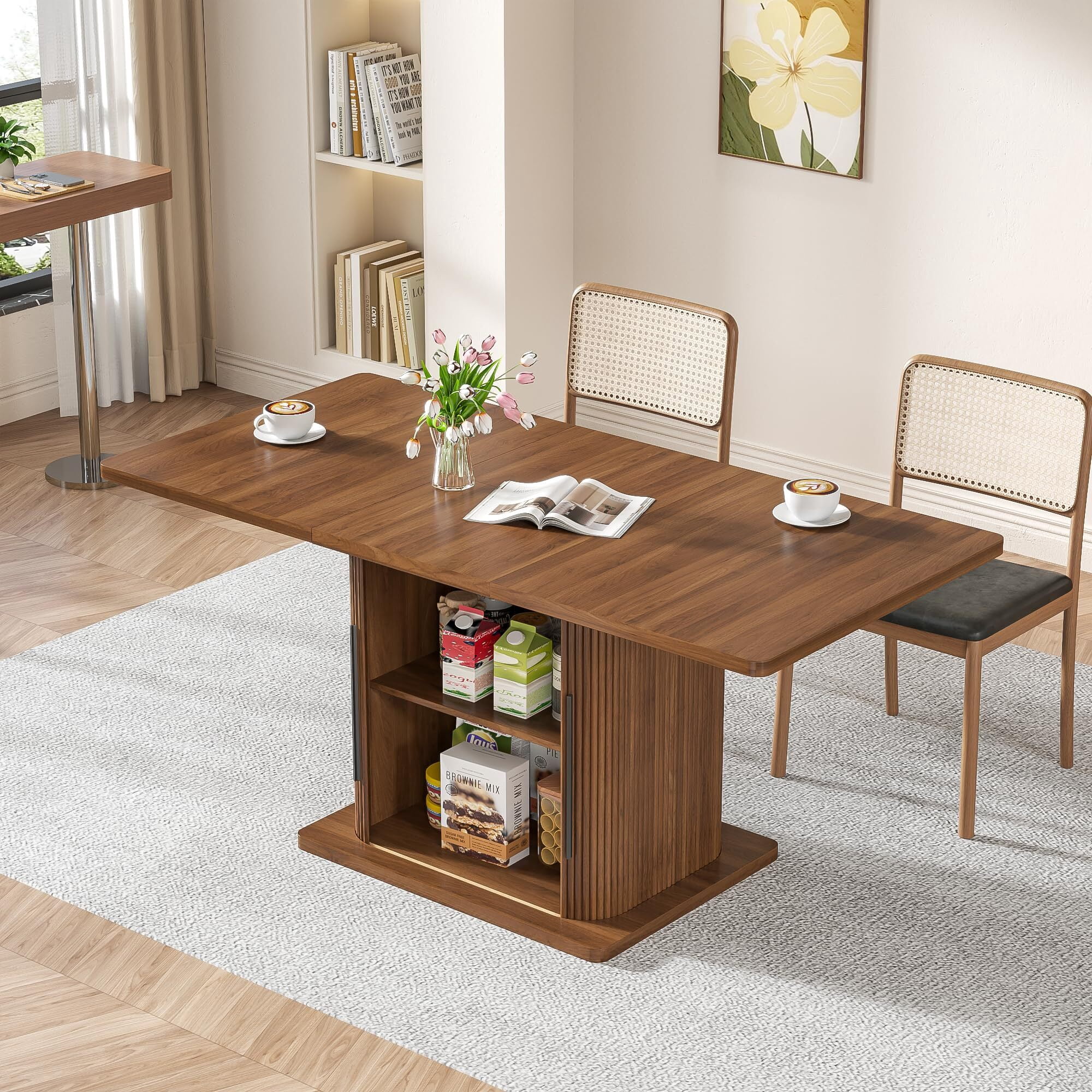 Extendable Black Dining Table 47-65", Seats 4-6, Fluted Wood Kitchen Table with Storage, Sliding Doors, Space Saving, Walnut