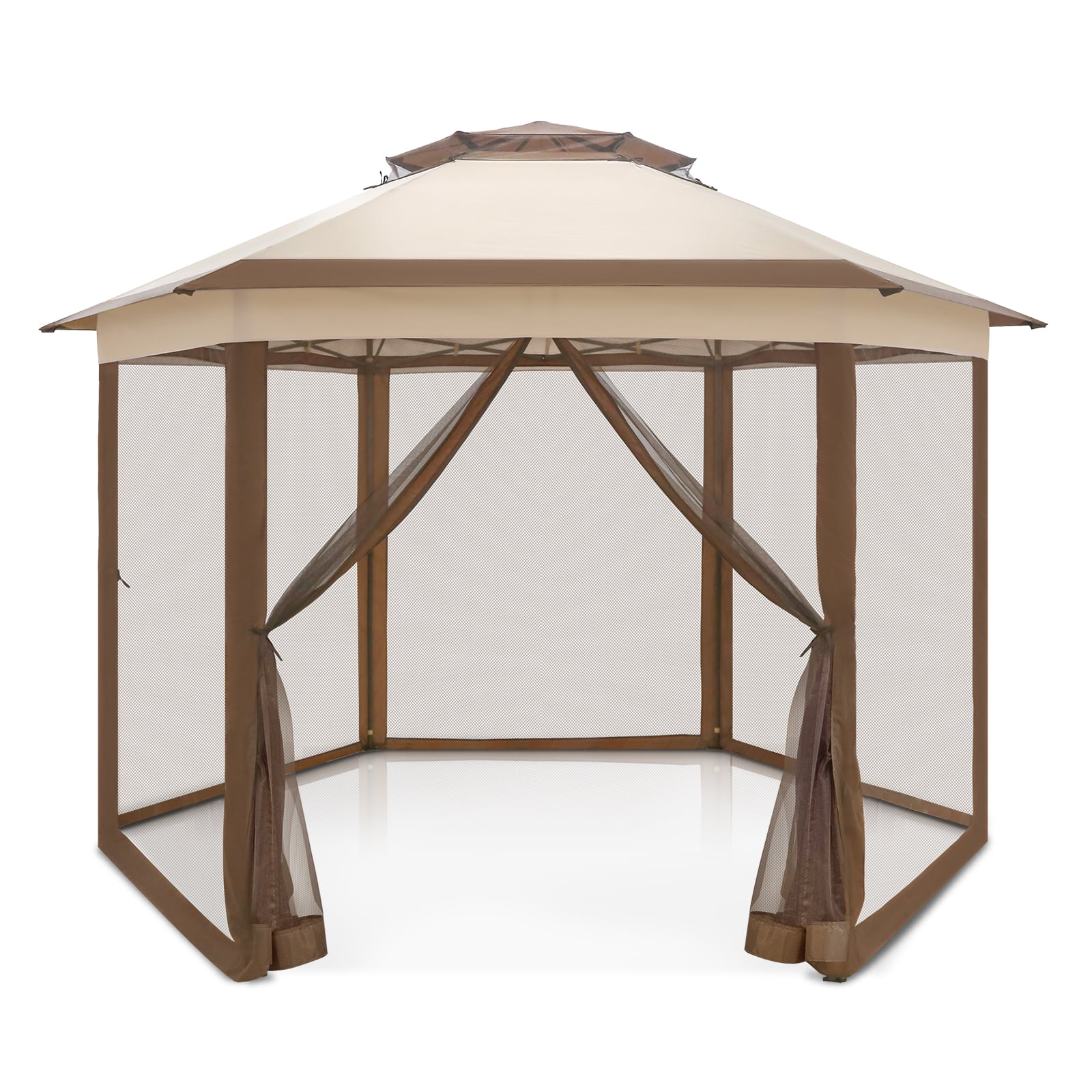 EAGLE PEAK 6-Sided Outdoor Camping Pop Up Gazebo w/Screen Netting, 13x13 Double-Tier Hexagonal Outdoor Canopy Tent for Patio, Garden, Party, Backyard, Beige