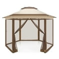 thumbnail image 3 of EAGLE PEAK 6-Sided Outdoor Camping Pop Up Gazebo w/Screen Netting, 13x13 Double-Tier Hexagonal Outdoor Canopy Tent for Patio, Garden, Party, Backyard, Beige, 3 of 9