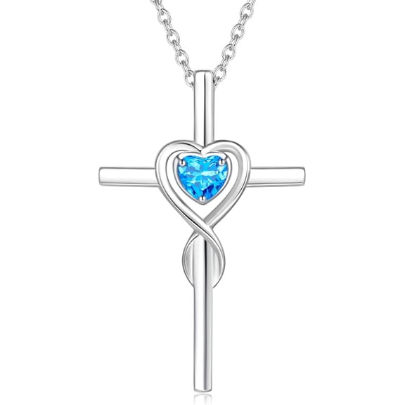 FANCIME Sterling Silver Heart Infinity Cross Blue Topaz Pendant Necklace for Women, December Birthstone with 16" 2" Chain