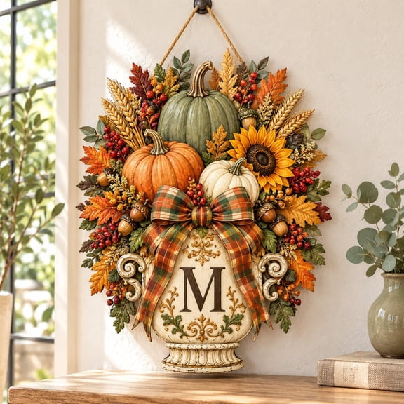 Personalized Fall Pumpkin Door Hanger Autumn Harvest Monogram Wreath Wooden Sign for Front Door Thanksgiving Home Decor