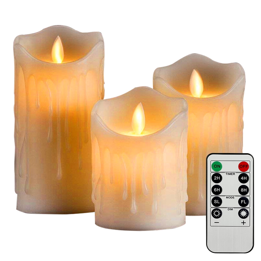 etc LED Flameless Candle Gift Set Party Pillar Real Wax Flickering Warm White Candles with Hemp Rope for Home Decor Battery Operated Candles with Timer Remote Set of 3 