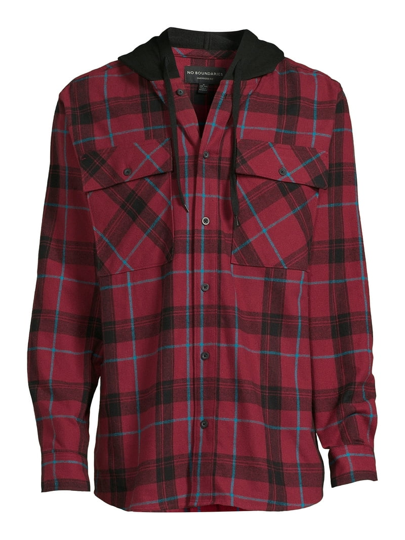 No Boundaries men's Hooded Flannel Shirt, Oversized Fit - Walmart.com