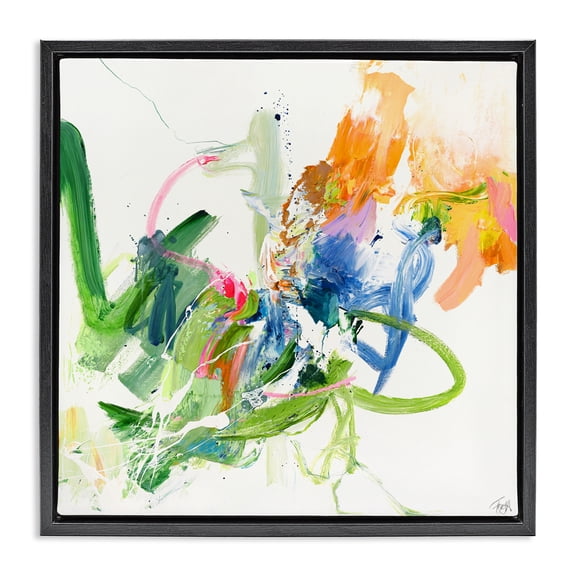 Confident Green Abstraction Black Framed Floater Canvas Wall Art, design by Design Fabrikken