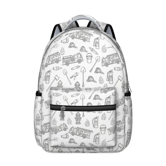Fireman and Bucket White Pattern Backpack for School, Cute School Bag with Adjustable Shoulder Straps and Padded Back, 15.3"x11"x7.1"