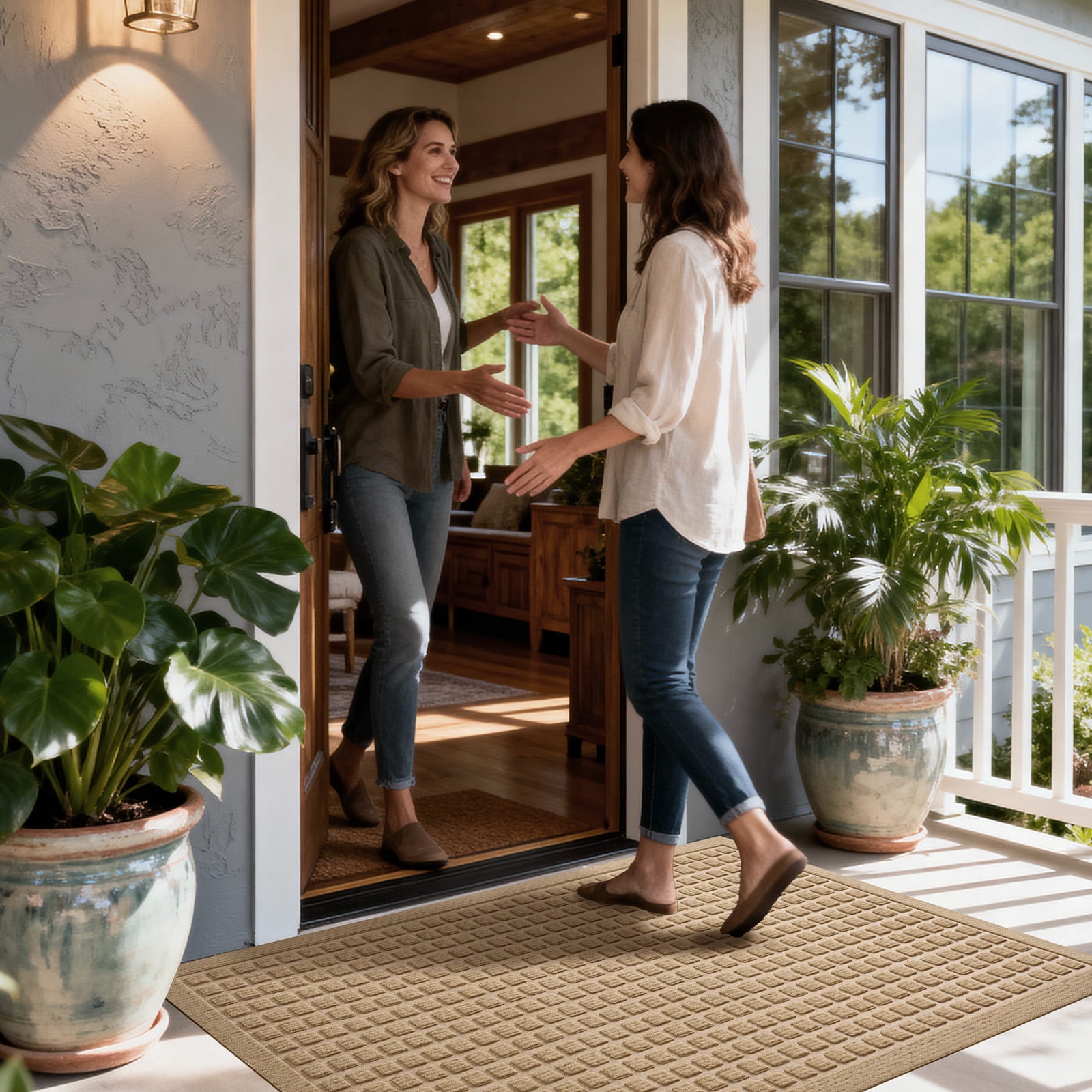 Front Doormat Non Slip Outdoor Mat 17"x29", Dirt Trapper TPE Welcome Mats Outdoor Indoor Rug, Durable Easy Clean Low Profile Doormat for Garage ,Entryway .Patio .High Traffic Areas, Beige