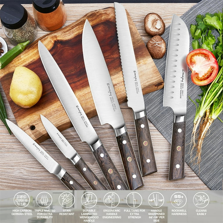 Emojoy 16 Pcs Knife Sets for Kitchen Home with Wooden Block and Sharpener,  Knife Set Safe and Rust Proof,Stainless Steel Sharp Knives