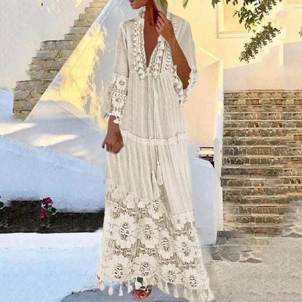ICHUANYI Clearance Fashion Casual Bohemian Large Size V-Neck Solid Color Lace Tassel Long Dress(Beige, L) ICHUANYI WER2023080800956