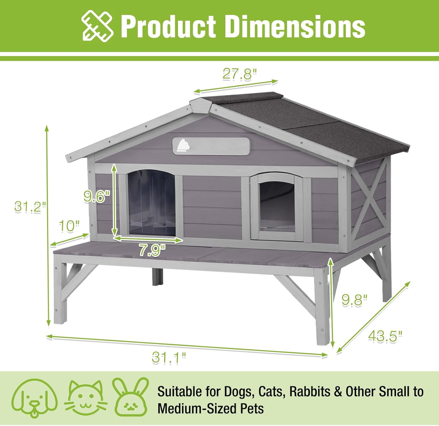Aivituvin Outdoor Cat House Weatherproof with 3 Entry Doors, Elevated Base & PVC Curtain, Indoor/Outdoor Kitty Shelter for Small-Medium Pets