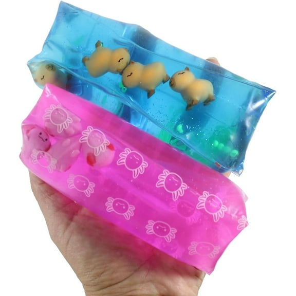 Set of 2 Animal Water Wigglers - Axolotl and Capybara Animal Water Filled Tube Snake Stress Toy - Squishy Slippery Sensory Fidget (Random Colors)