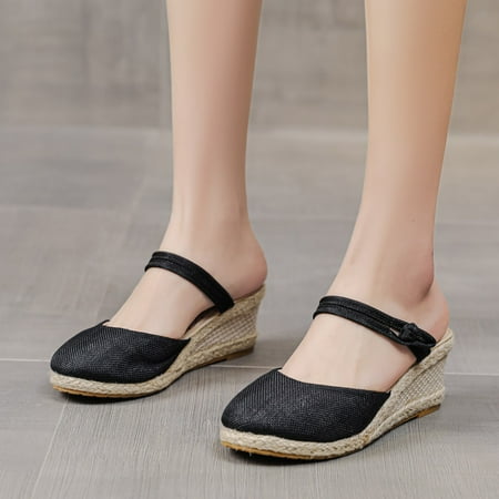 

Fashion Women Solid Color Summer Weave Comfortable Wedges Shoes Beach Round Toe Breathable Sandals