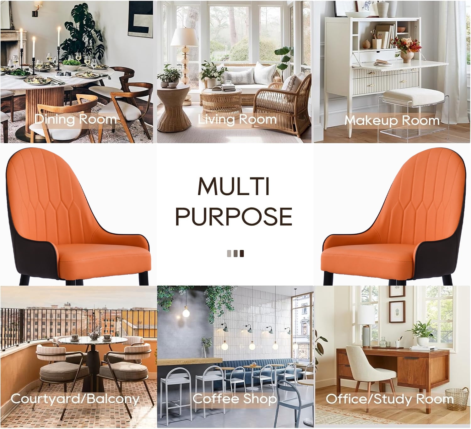 Modern PU Leather Dining Chairs - Set of 2, Orange/Dark Brown, Solid Wood & Metal Legs, Ergonomic Padded Seat, Water/Stain Resistant, Space-Saving Design for Dining Room & Living Room