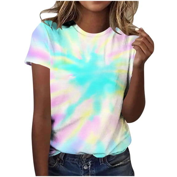 CBASIHI Womens Tie-Dye Short Sleeve Graphic Print T-shirts- Fashion Causal Loose Crew Neck Colorful Summer Tops Blue Size S-3XL