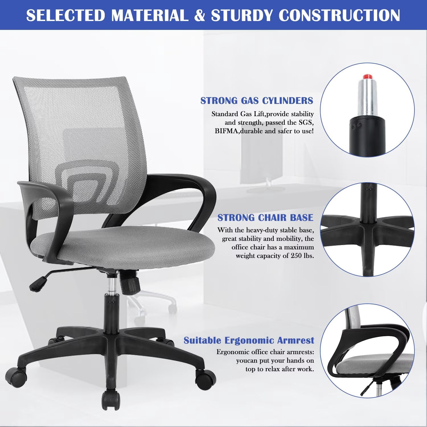 YRLLENSDAN,Ergonomic Office Chair,Home Office Desk Chairs,Swivel Desk Chair,with Handrails,Adjustable Height,Suitable for Offices and Bedrooms,Grey