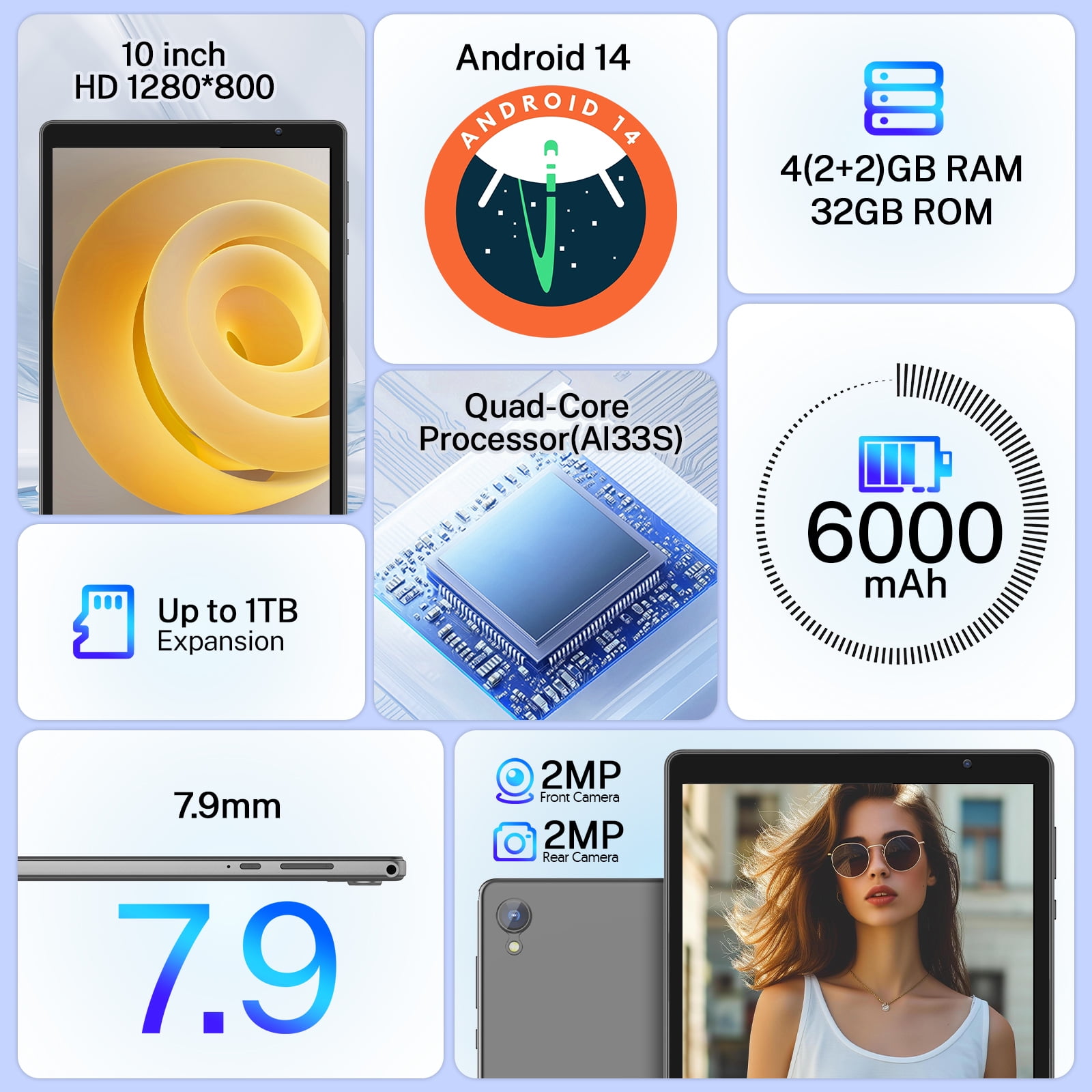 10 inch Android 14 Tablet，Android Tablets Quad Core Processor,4GB+32GB+1TB Expandable Tablet Computer,1280*800 IPS Screen,6000mAh Battery,WiFi - Gray