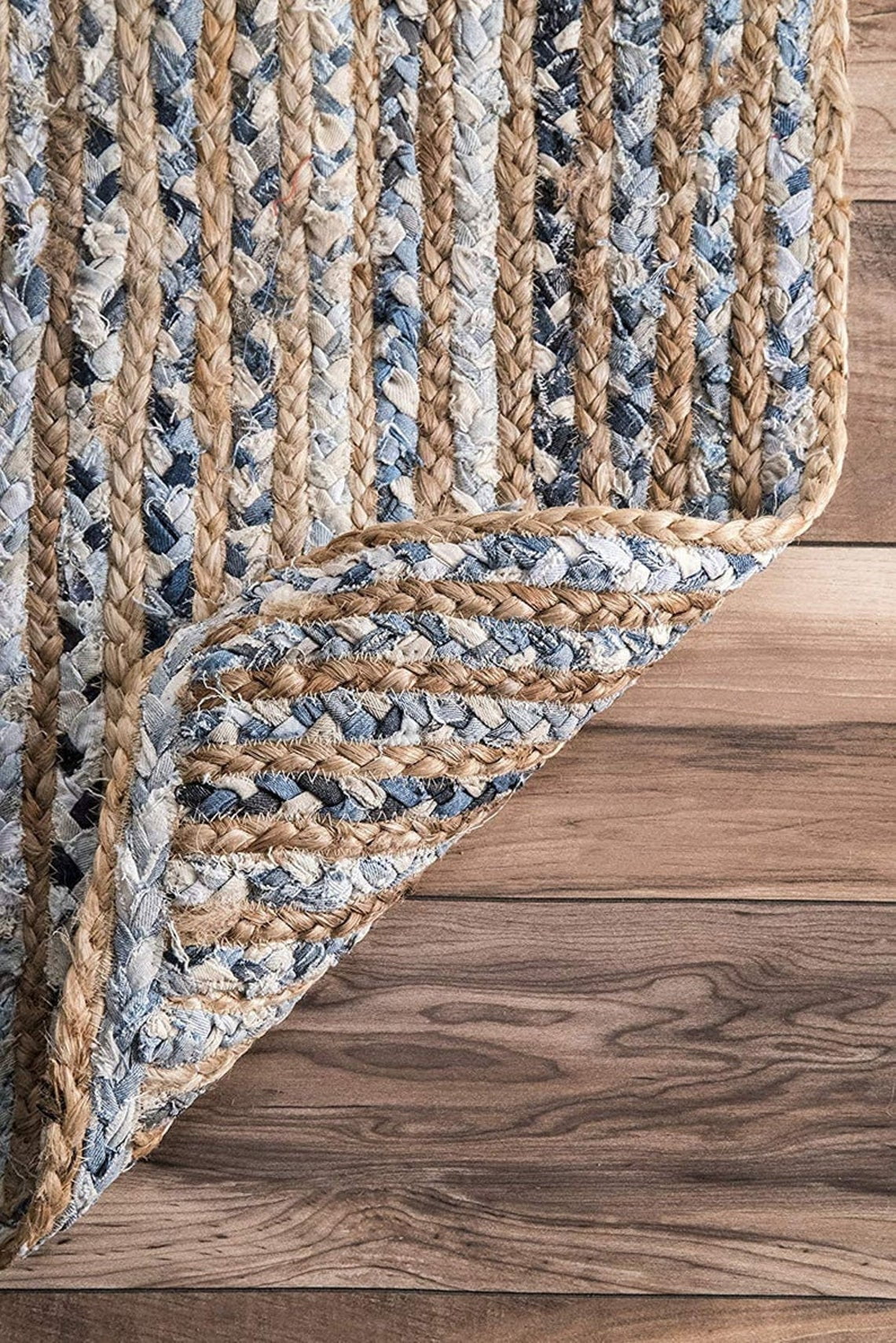 Indian Handmade Braided Blue Color Cotton, Denim with Natural Jute Oval Shape Area Rugs , Home Decor Carpet Size 2 x 3 Feet