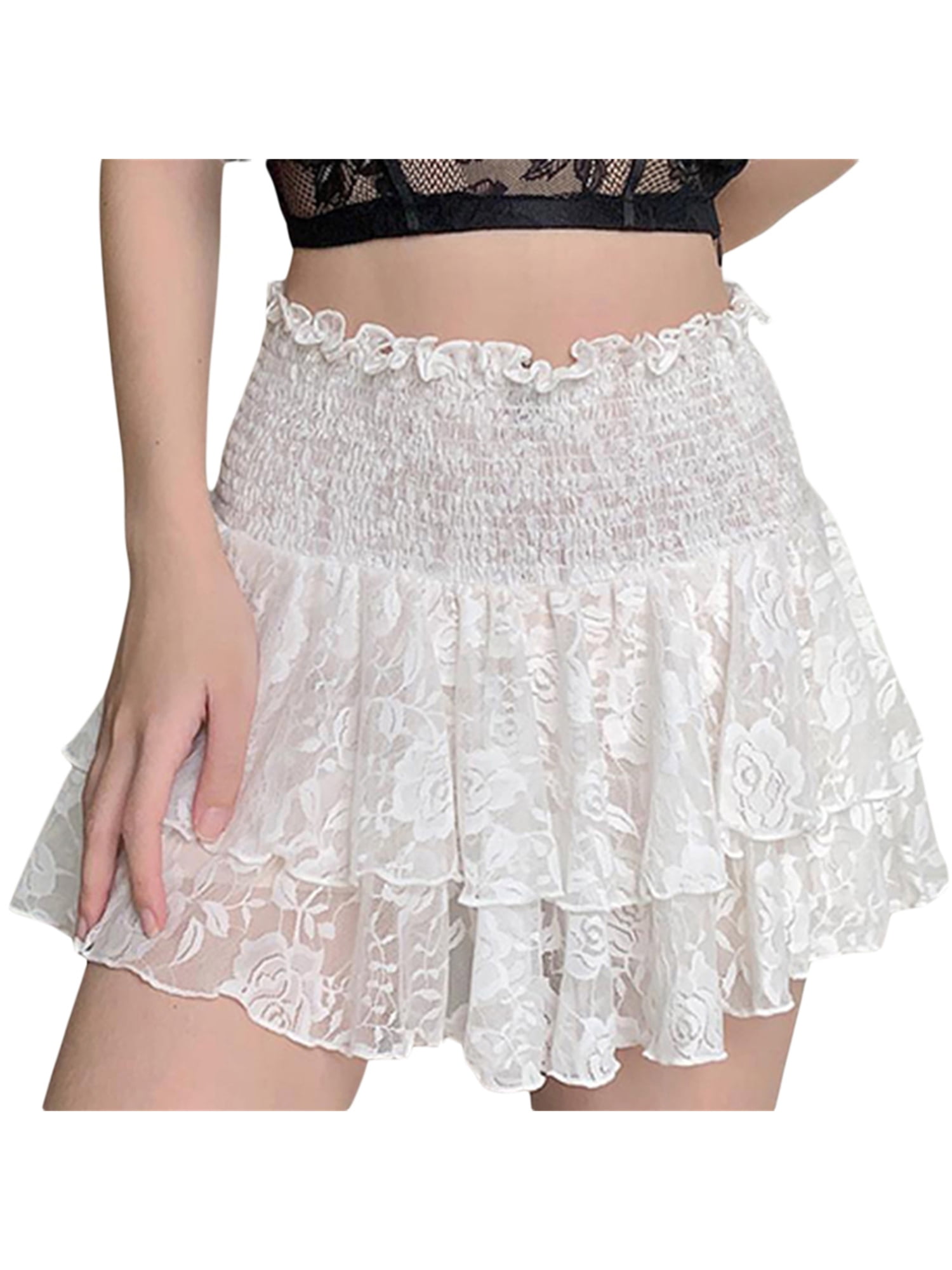wdehow Skirts for Women Trendy Ruched Elastic Waistband Ruffle