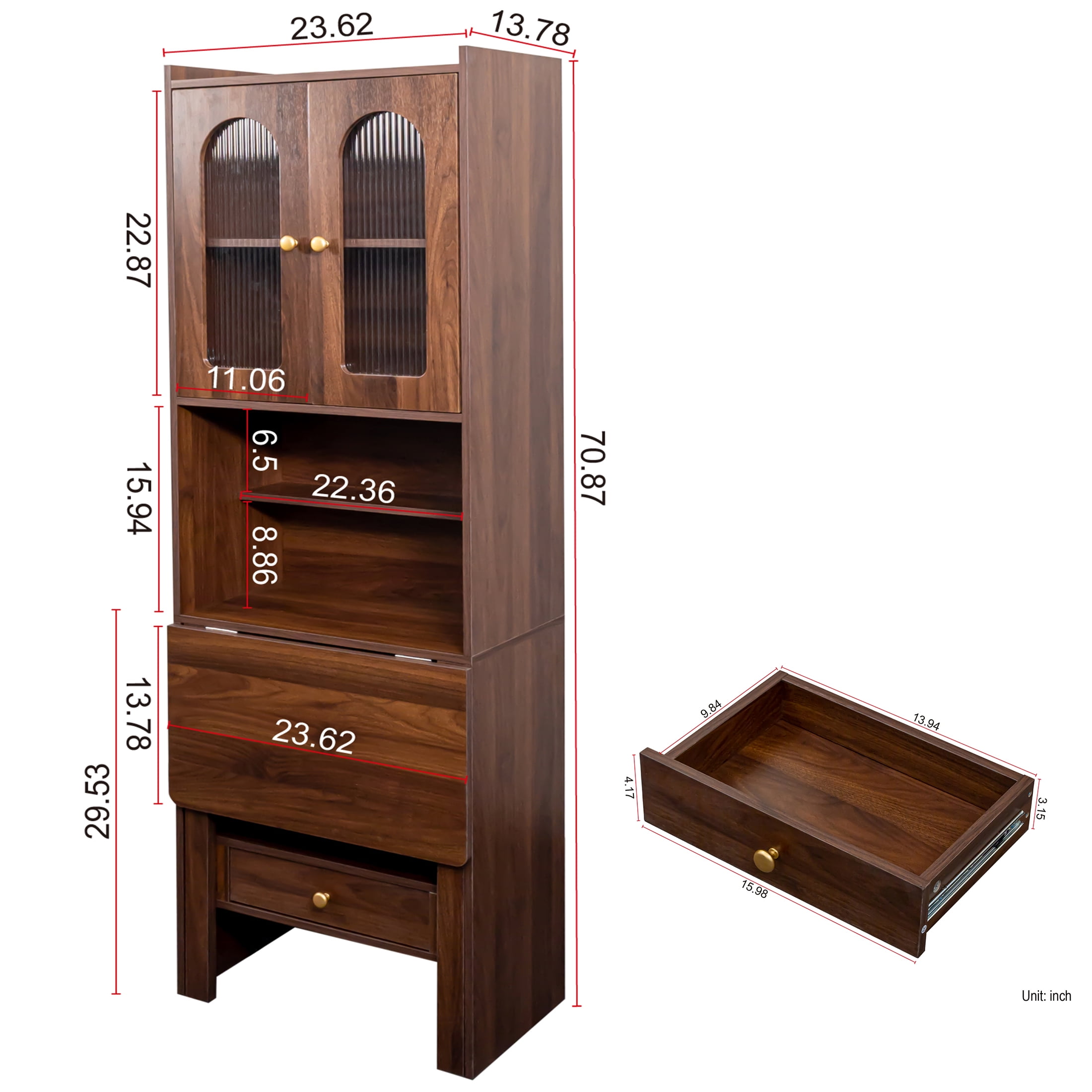 Aukfa 70.8 High Storage Cabinet w/ Fold Down Desk Table for Home Office,Brown