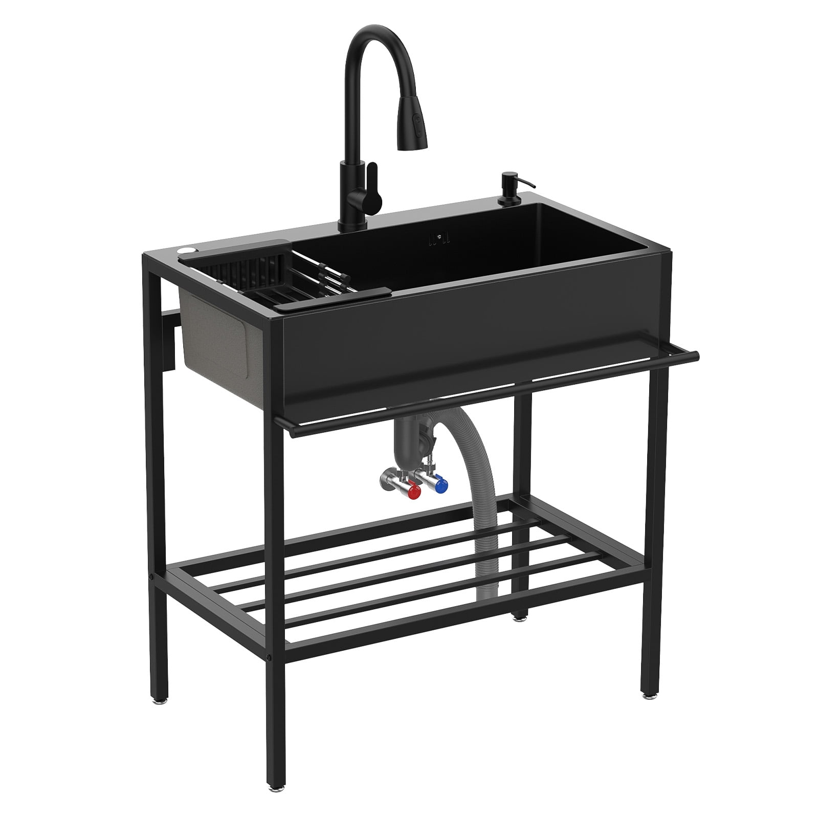 Stainless Steel Utility Sink, Single Bowl Kitchen Sink with Cold and Hot Water Faucet, Storage Shelf, Hoses and Drain Kit, Free Standing Sink Cabinet for Laundry Room Kitchen Garage Outdoor