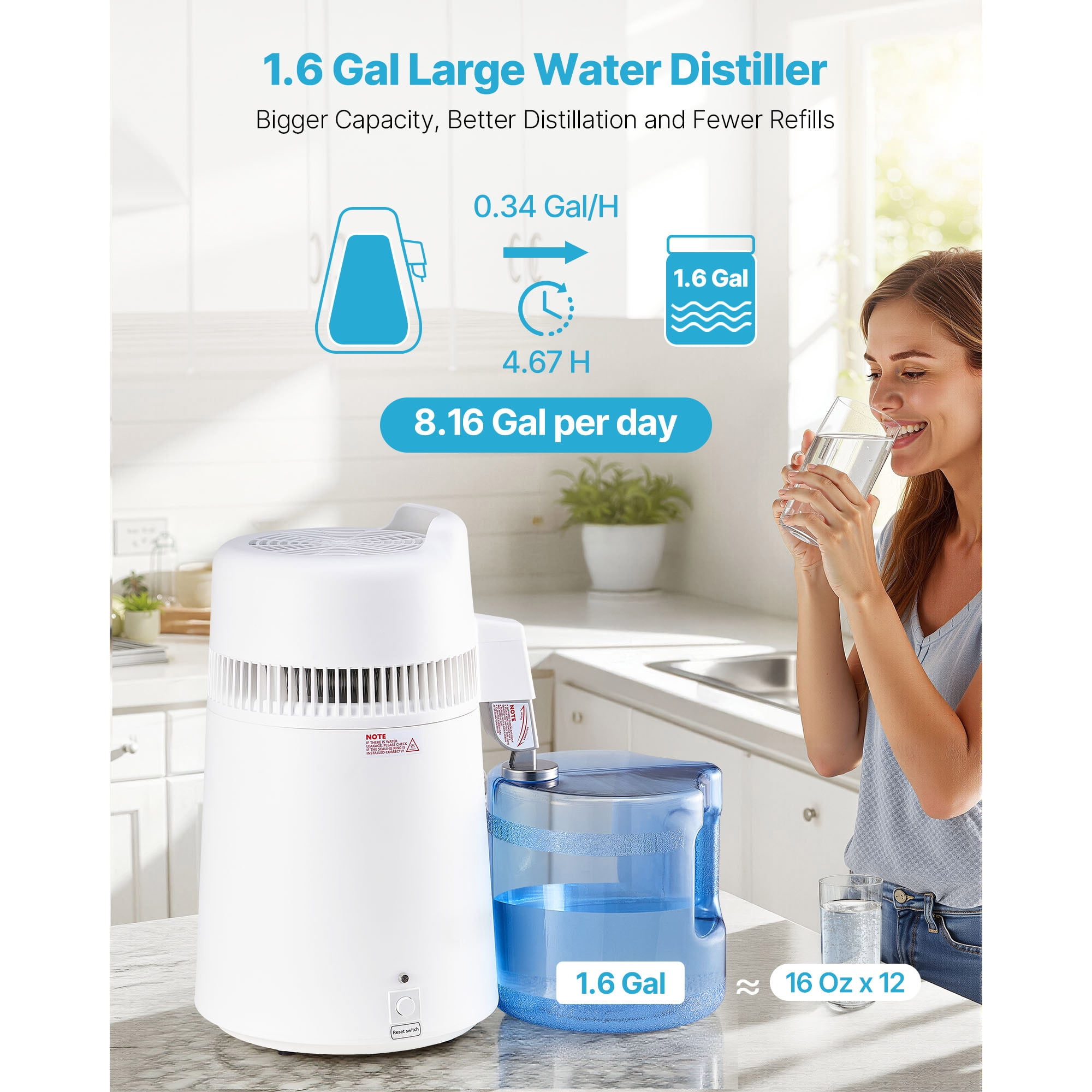 KFFKFF 6L 1.6 Gallon Water Distiller, Home Countertop Purifier with 900W Power, Plastic Exterior and Stainless Steel Interior for Clean Drinking Water, White