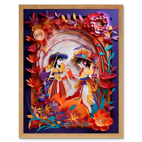 Day of the Dead Dancers Floral Kirigami Collage Art Print Framed Poster Wall Decor 12x16 inch