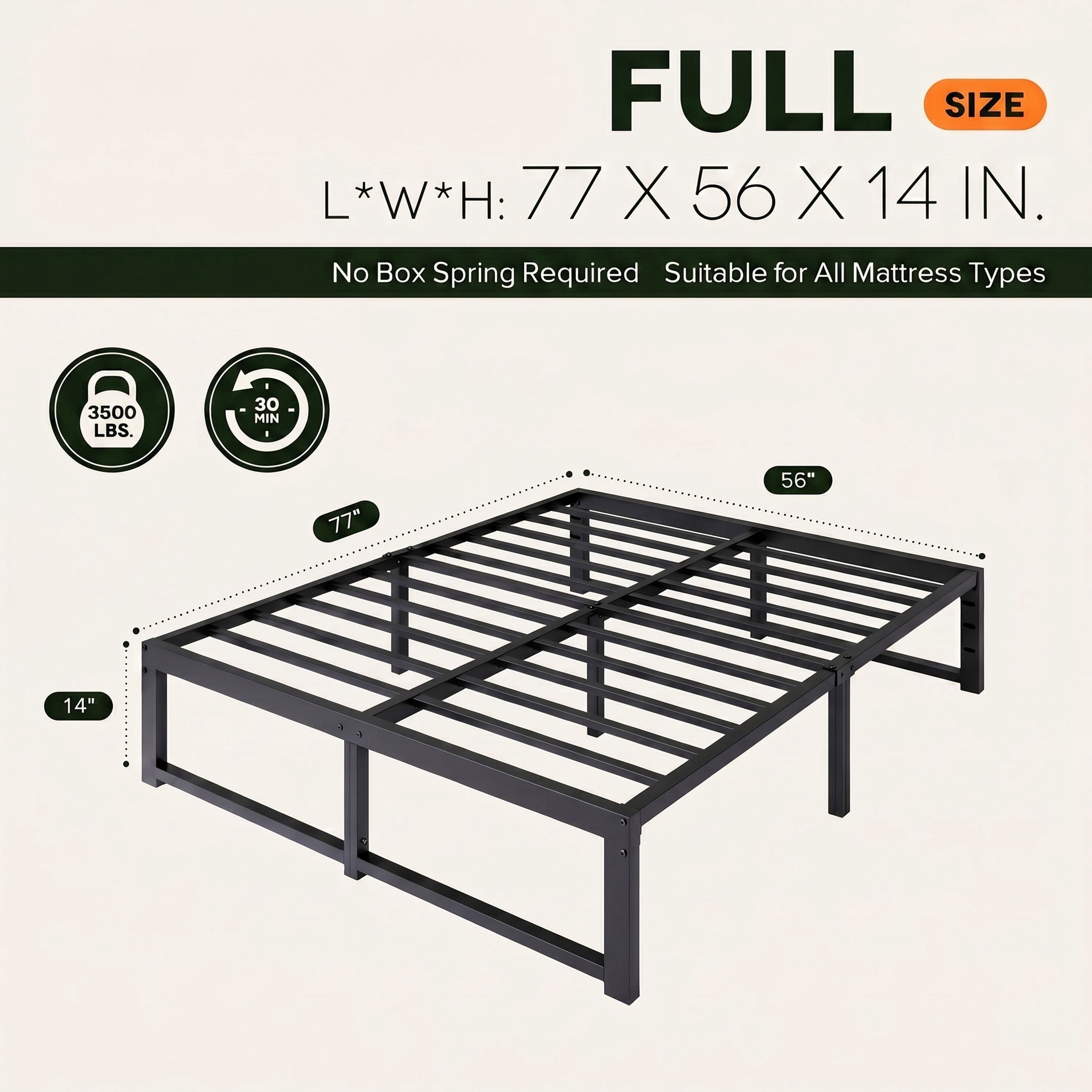 Einfach 14" Full Size Bed Frame, Metal Platform Bed with Ample Under-Bed Storage Space, Upgraded Frame Structure, 3500 LBS Capacity, Black