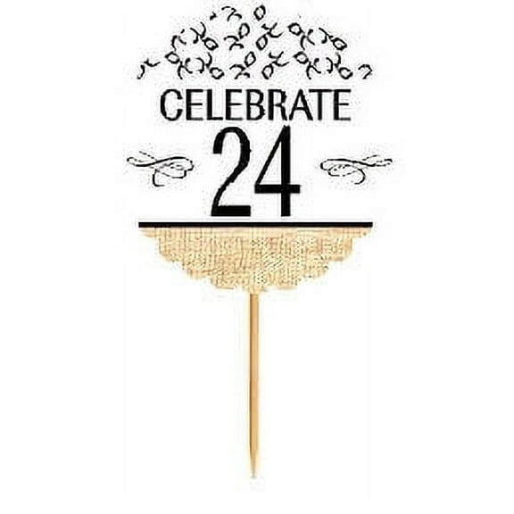 24th Birthday / Anniversary Novelty Burlap Cupcake Decoration Picks -12pack