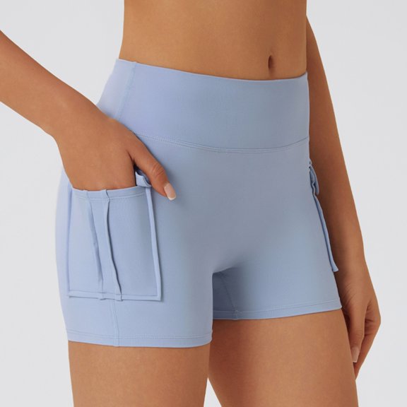 Womens Yoga Shorts Pocket High Waist Lifting Stretchy Slim Fit Solid Print Lightweight Gym Shorts for Workout Wear Blue L