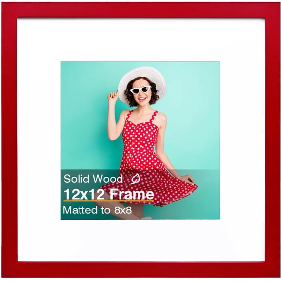 MKEUDQ-12x12 Picture Frame, Red Square Solid Wood Frame for Pictures 8x8 with Mat or 12x12 without Mat, Wall Display Photo Frame Red Photo Frame 1 Pack